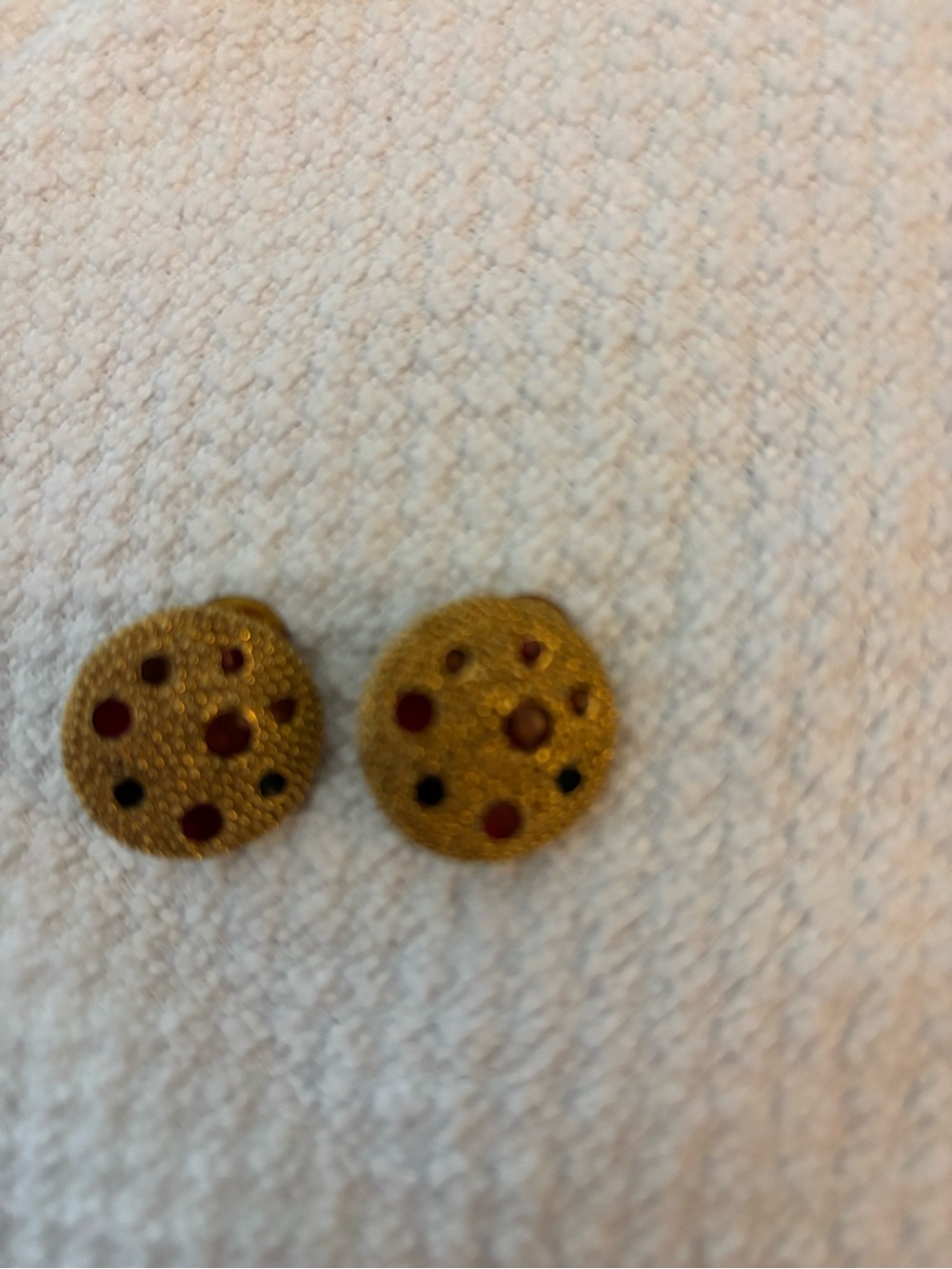 Gold Tone  Button Earrings with Red and Black Accents